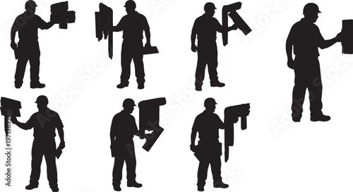 Black Solid Drywall Taper Metal Putty Knife Role Silhouettes Set of Six on White Background