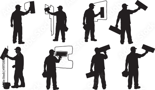 Black Solid Drywall Taper Metal Putty Knife Role Silhouettes Set of Six on White Background