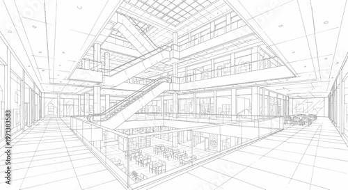 Architectural blueprint of a modern building interior with multiple floors and an escalator.