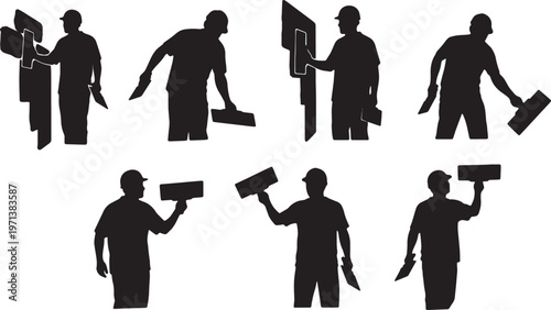 Black Solid Drywall Taper Metal Putty Knife Role Silhouettes Set of Six on White Background