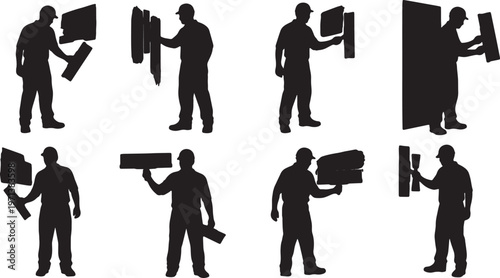 Black Solid Drywall Taper Metal Putty Knife Role Silhouettes Set of Six on White Background