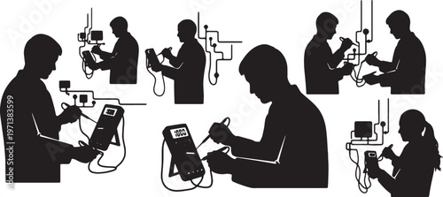 Black Solid Electronics Technician Digital Multimeter Role Silhouettes Set of Six on White Background