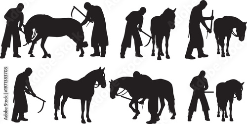 Black Solid Equestrian Farrier Metal Rasp Role Silhouettes Set of Six on White Background
