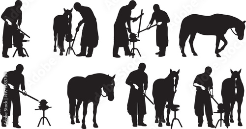 Black Solid Equestrian Farrier Metal Rasp Role Silhouettes Set of Six on White Background