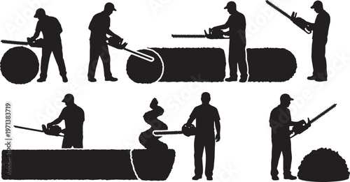 Black Solid Estate Gardener Motorized Hedge Trimmer Role Silhouettes Set of Six on White Background