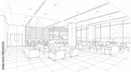 Architectural blueprint of a modern hotel lobby lounge with bar and seating areas.
