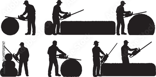 Black Solid Estate Gardener Motorized Hedge Trimmer Role Silhouettes Set of Six on White Background
