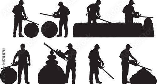 Black Solid Estate Gardener Motorized Hedge Trimmer Role Silhouettes Set of Six on White Background