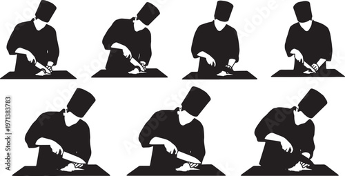 Black Solid Executive Chef Forged Knife Role Silhouettes Set of Six on White Background