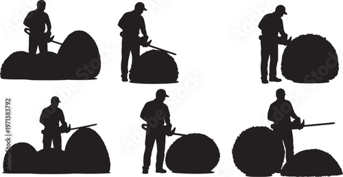 Black Solid Estate Gardener Motorized Hedge Trimmer Role Silhouettes Set of Six on White Background