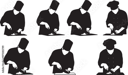 Black Solid Executive Chef Forged Knife Role Silhouettes Set of Six on White Background