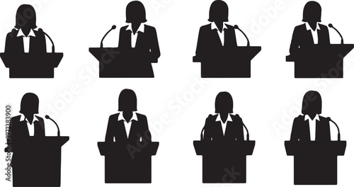 Black Solid Female CEOs Podium Microphone Silhouettes Set of Six on White Background