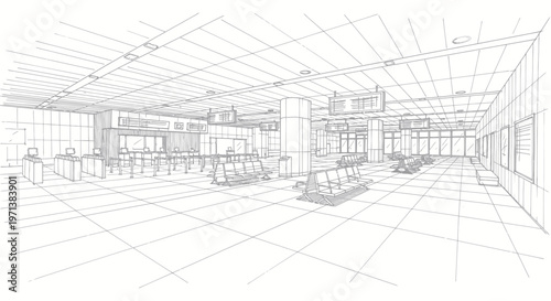 Architectural blueprint of a modern interior space with counters and seating.