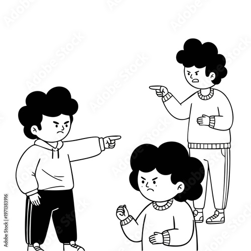 Angry cartoon characters pointing fingers in accusation and conflict