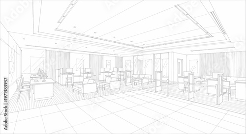 Architectural blueprint of a modern interior space with tables and chairs.