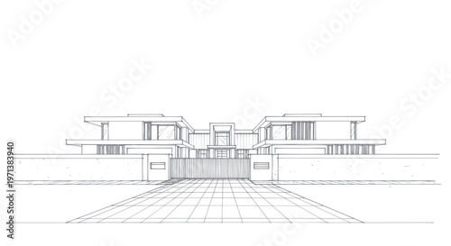 Architectural blueprint of a modern luxury house with a grand entrance.