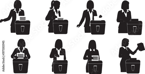 Black Solid Female Directors Desk Shredder Silhouettes Set of Six on White Background