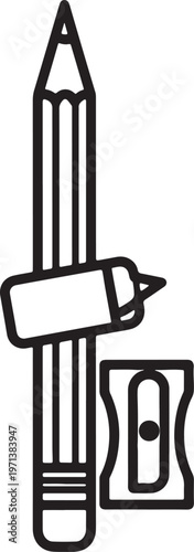 Black and white of pencil with eraser marker and sharpener also transparent background