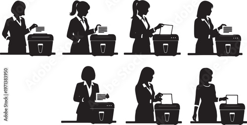 Black Solid Female Directors Desk Shredder Silhouettes Set of Six on White Background