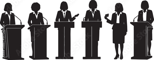 Black Solid Female CEOs Podium Microphone Silhouettes Set of Six on White Background
