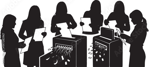 Black Solid Female Directors Paper Shredder Silhouettes Set of Six on White Background