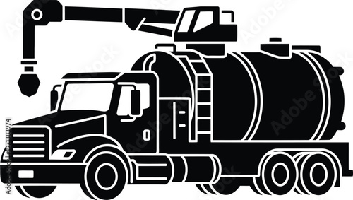 A black and white drawing of a large truck with a crane