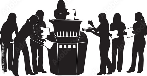 Black Solid Female Directors Paper Shredder Silhouettes Set of Six on White Background