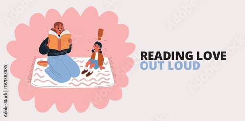 Cartoon vector illustration of woman reading book to daughter on rug, symbolizing bonding, learning, and bedtime storytelling