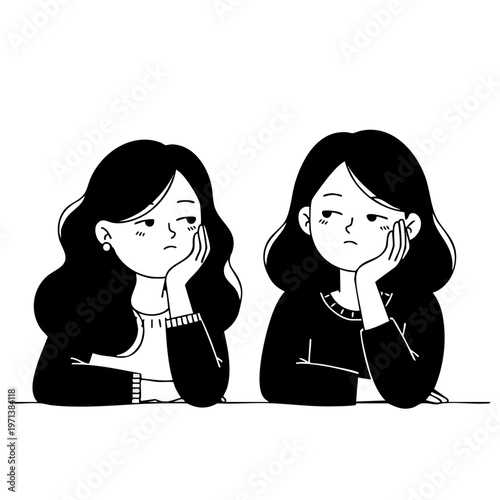 Two bored young women resting heads on hands black and white vector