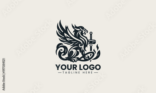 Black griffin with wings and sword is presented as strong mythological monochrome vector logo on clean white background for fantasy and gaming branding use
