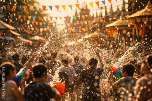 Crowd at Songkran festival with water guns under colorful flags