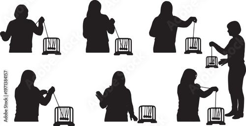 Black Solid Female Directors Newtons Cradle Silhouettes Set of Six on White Background