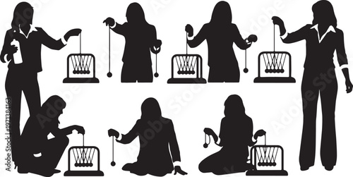 Black Solid Female Directors Newtons Cradle Silhouettes Set of Six on White Background