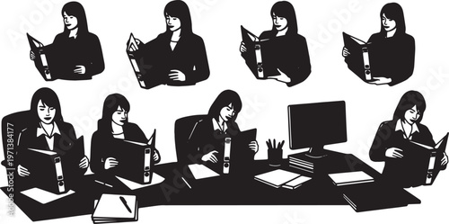 Black Solid Female Directors Opening Binder Silhouettes Set of Six on White Background