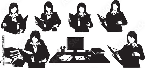 Black Solid Female Directors Opening Binder Silhouettes Set of Six on White Background