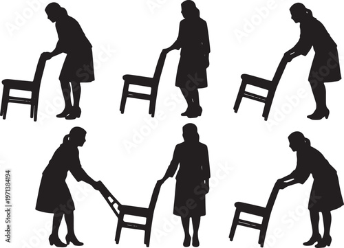 Black Solid Female Directors Pulling Chair Silhouettes Set of Six on White Background