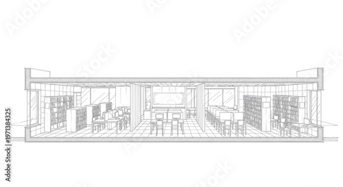 Architectural drawing of a modern interior space with furniture and shelving.