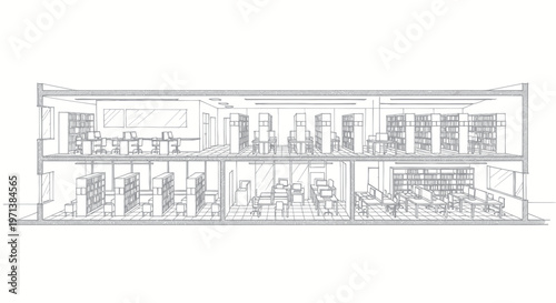 Architectural Section Drawing of a Modern Building Interior.