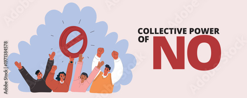 Cartoon vector illustration of people with raised hands, one holding a stop sign, symbolizing decision, disagreement, and social signaling