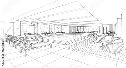 Architectural sketch of a luxurious indoor swimming pool with lounge area.
