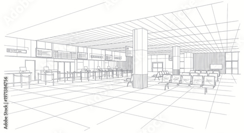 Architectural sketch of a modern airport terminal interior.