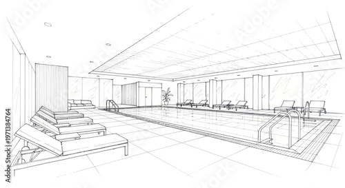 Architectural sketch of a luxurious indoor swimming pool with lounge chairs.