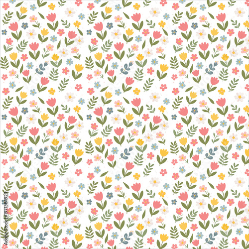 small cute flowers leaves. This seamless repeating pattern is a charming blend of playful botanicals and modern minimalism. It features a curated selection of small cute flowers.