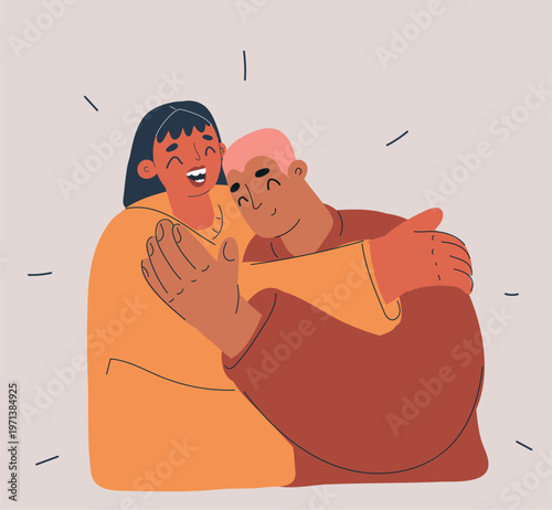 Cartoon vector illustration of people hugging, symbolizing affection, friendship, and emotional connection