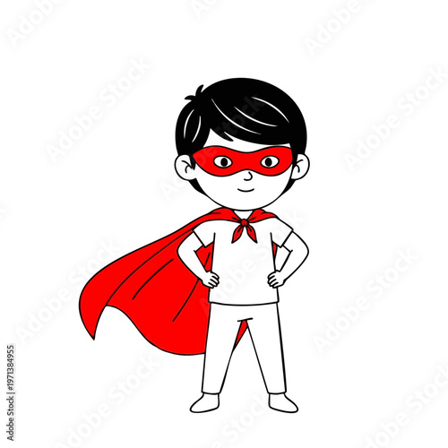 Little Superhero Boy with Red Cape and Mask