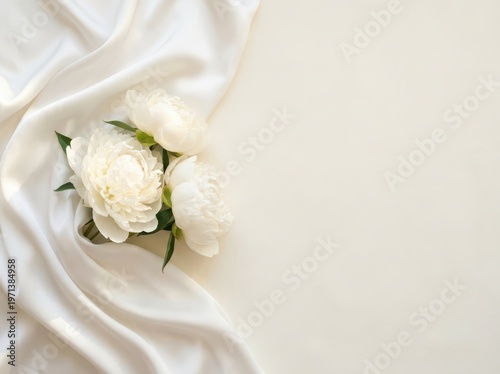 Three delicate white peonies elegantly draped on luxurious cream silk fabric soft lighting and copy space
