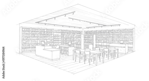 Architectural Sketch of a Modern Bookstore Interior Design.