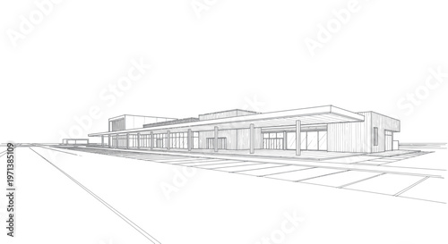 Architectural sketch of a modern building with clean lines and a spacious facade.