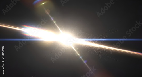Bright Lens Flare Effect with Light Streaks and Particles on Dark Background