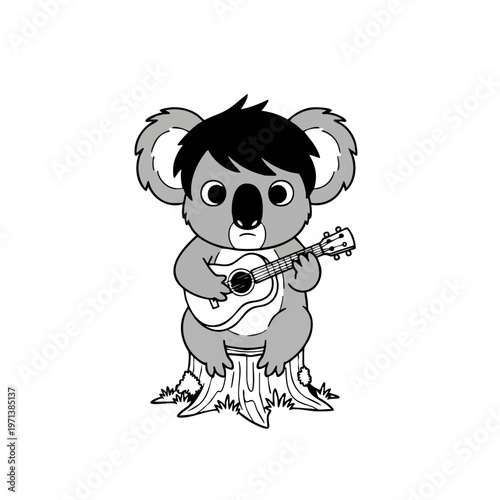 Cute Cartoon Koala Playing Ukulele on a Tree Stump Vector Illustration